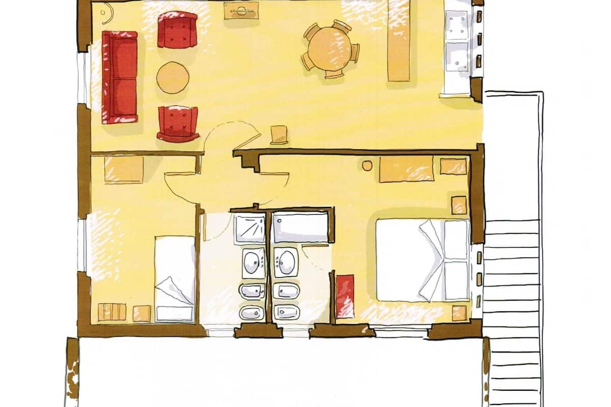 A floor plan of a hotel room with a kitchen, a dining area, and a bathroom.