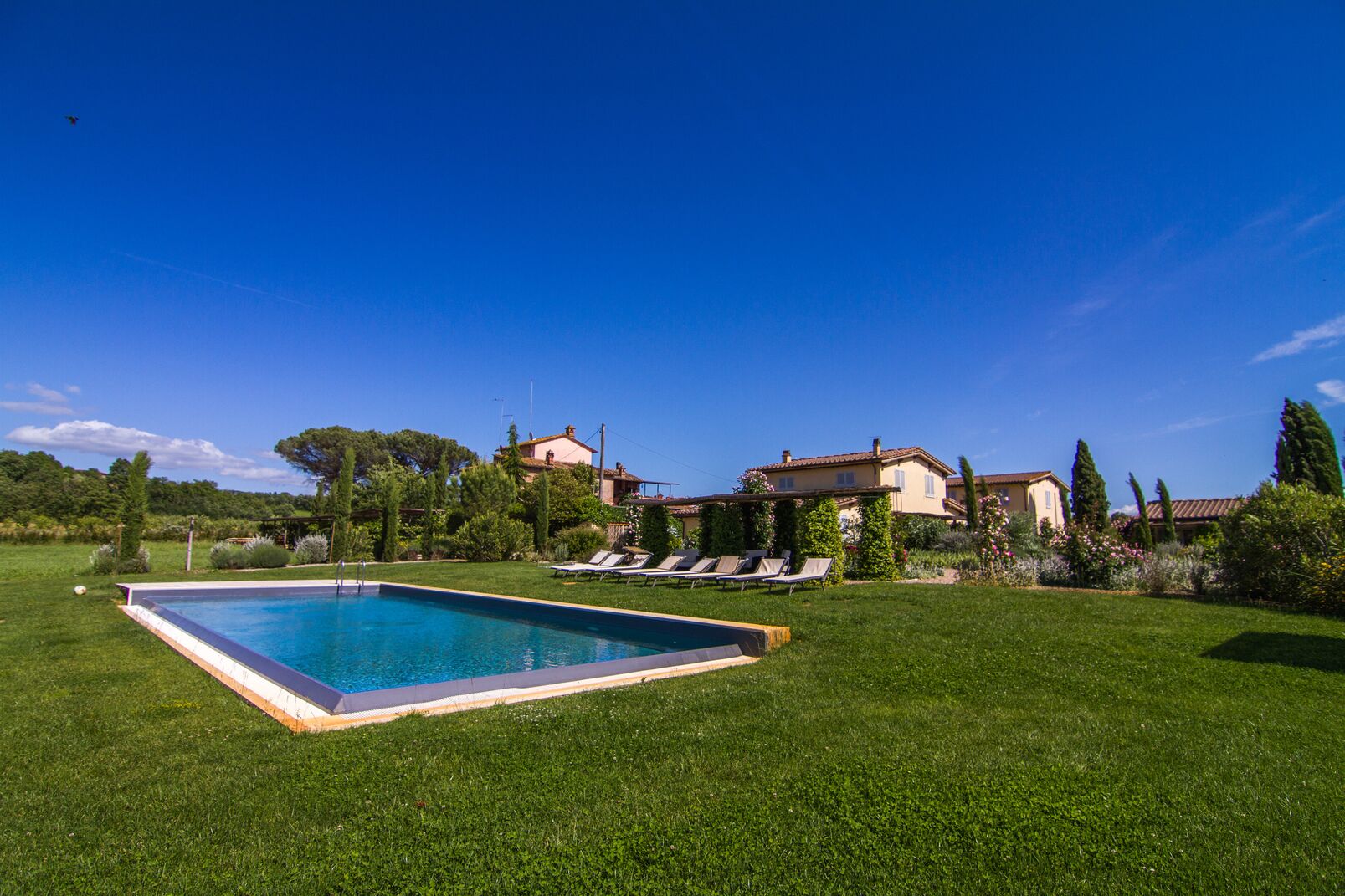 Piscine extérieure, chaises longues