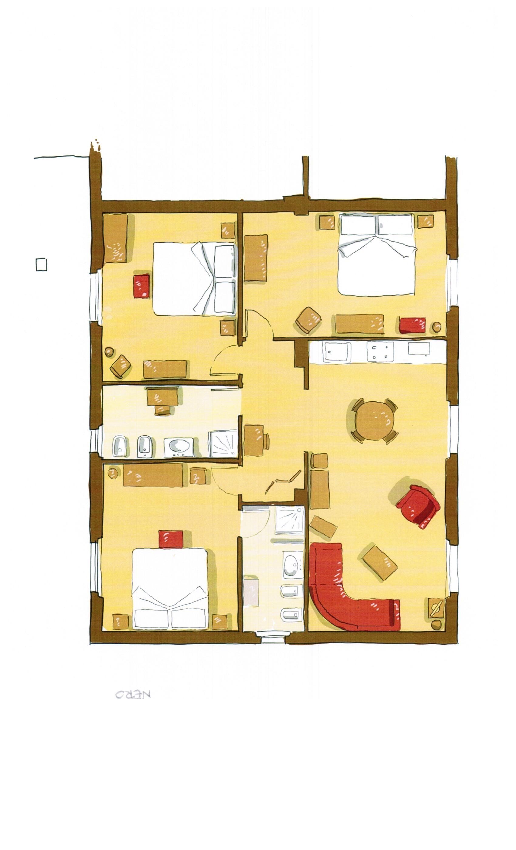 A floor plan of a hotel room with a bed, a desk, a chair, a small table, and a sofa.
