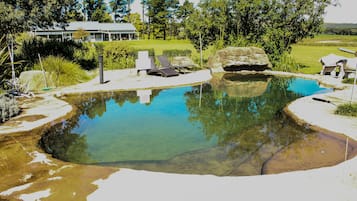 Utomhuspool, naturlig bassäng och solstolar