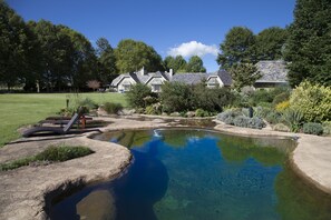Piscina all'aperto, una piscina naturale, lettini