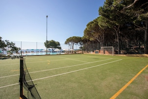 A soccer field with goalposts, surrounded by trees and a fence.