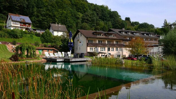 A lakeside hotel with a swimming pool, a dock, and a lush green hillside in the background. - Hotel Christel (Heimbuchenthal)