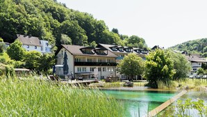 A riverside view with houses and lush greenery. - Hotel Christel (Heimbuchenthal)