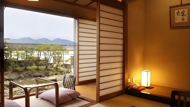 A traditional Japanese room with tatami flooring, a low table, a chair, and a view of a natural landscape.