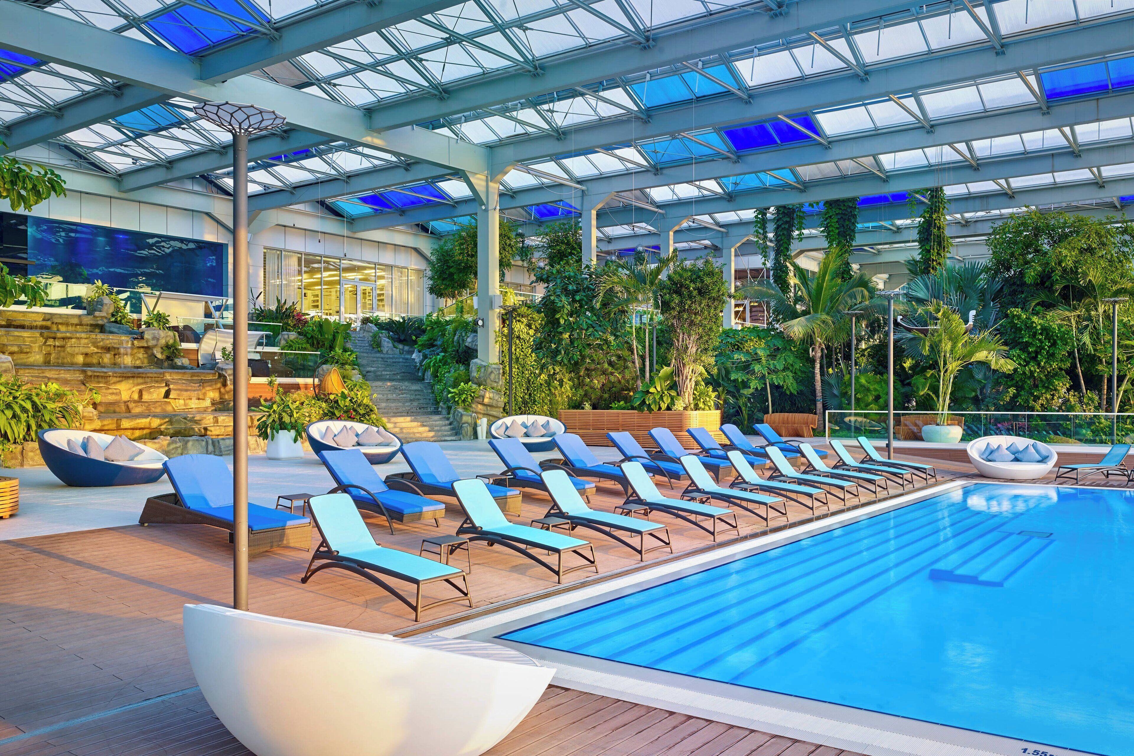 室內游泳池和室外游泳池，提供泳池遮陽傘和日光浴躺椅