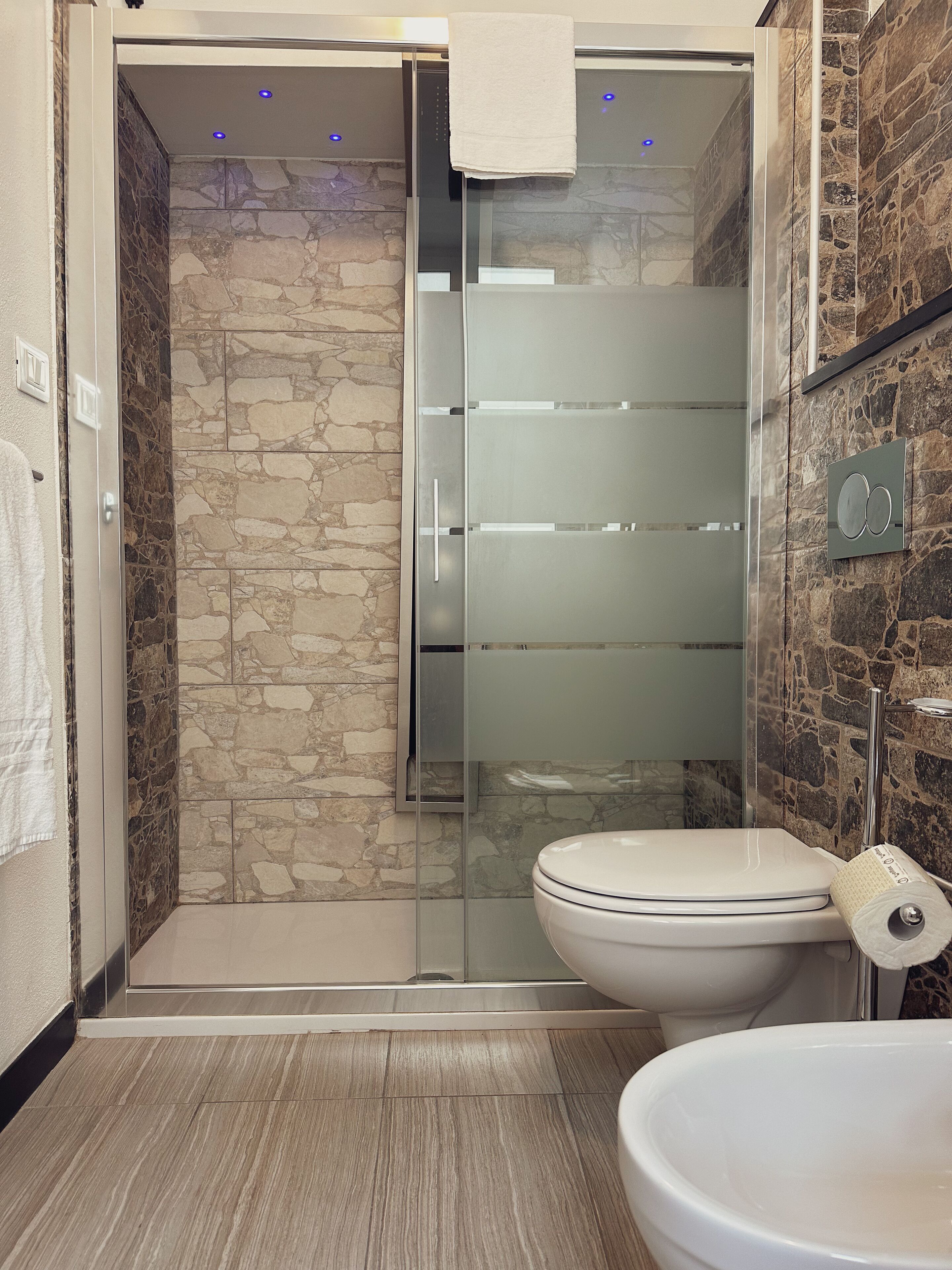 A modern bathroom with a stone wall, a glass shower enclosure, a toilet, and a sink.