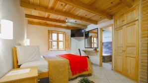 Un dormitorio con cama, techo de madera, un espejo, televisor y armario.