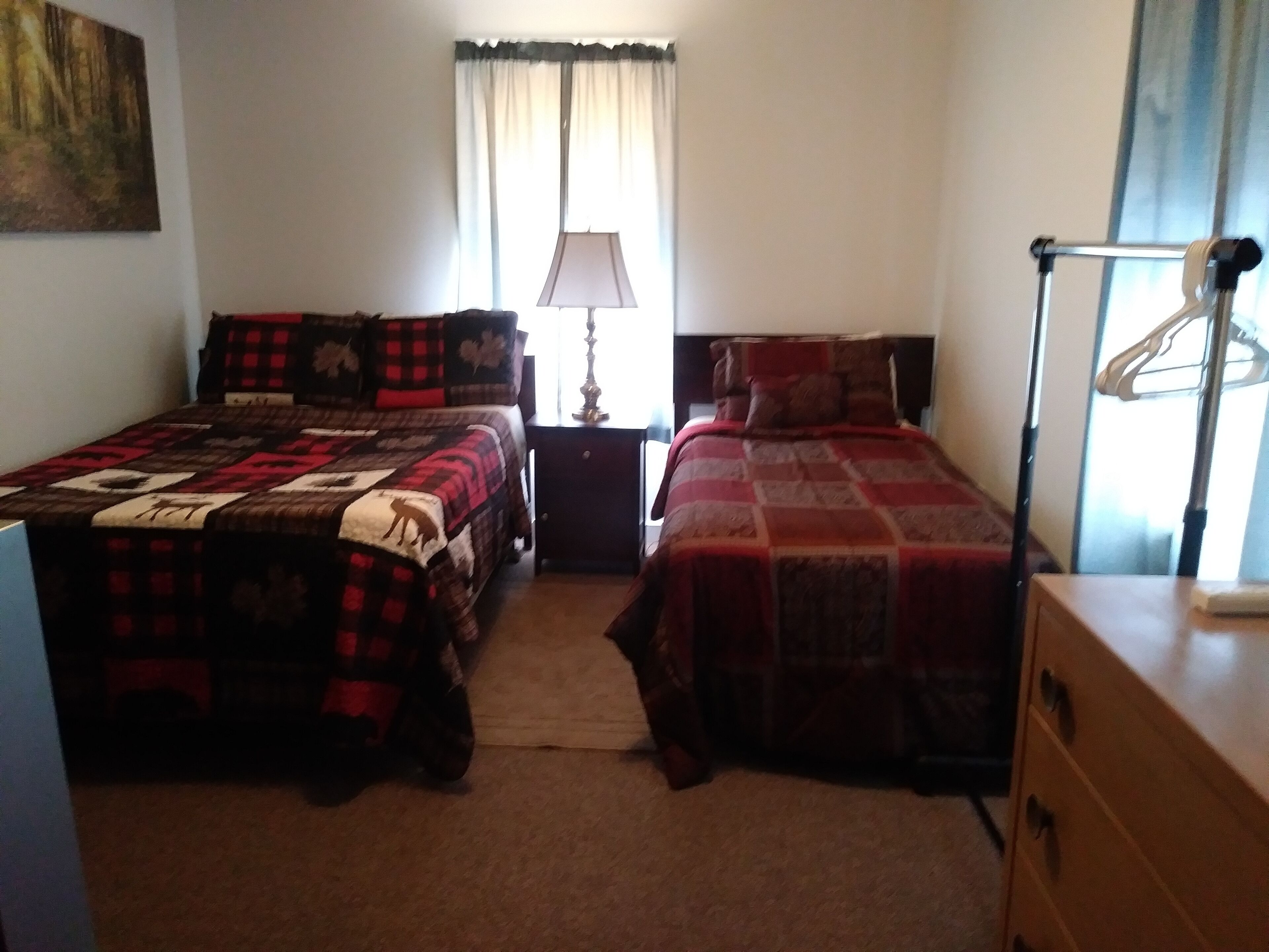A bedroom with two beds, a nightstand, a lamp, and a dresser.