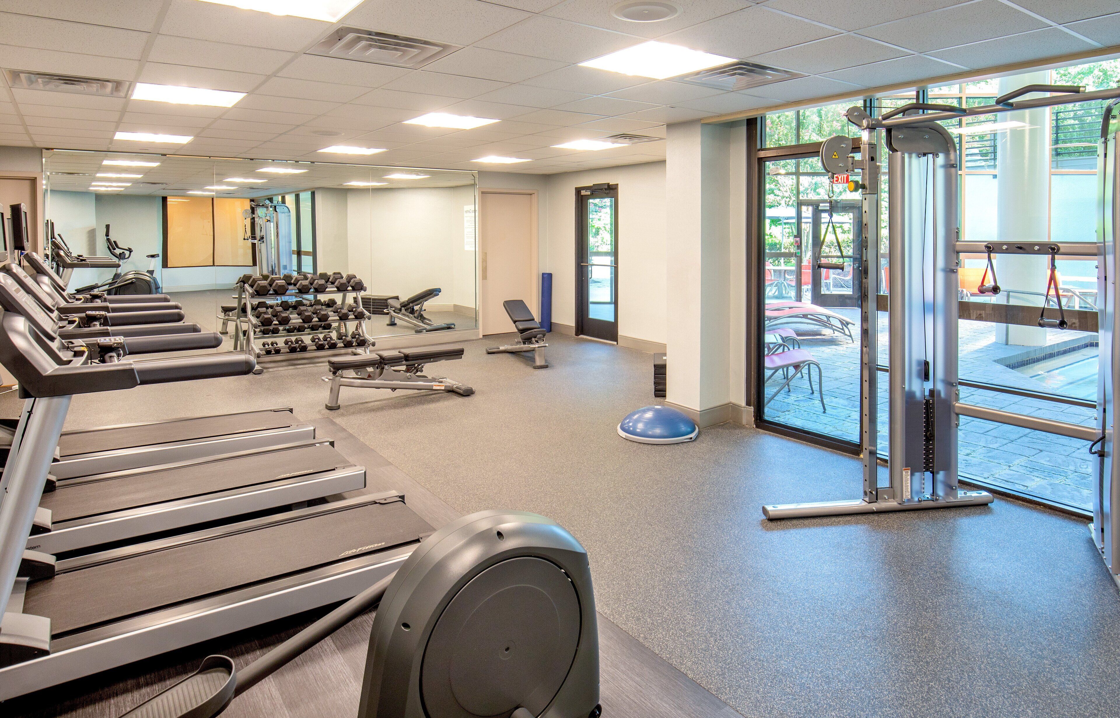 A gym with treadmills, dumbbells, and exercise equipment.
