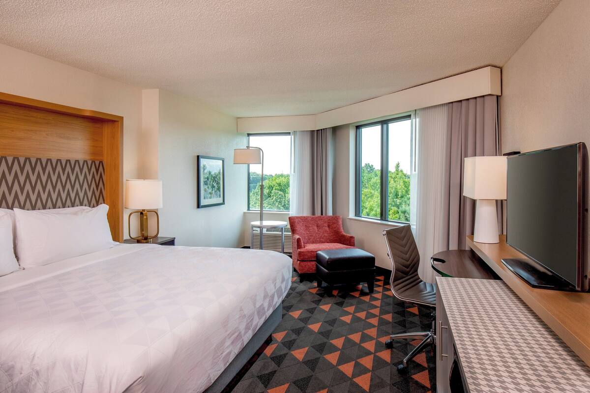 Habitación de hotel con una cama grande, un escritorio con televisor de pantalla plana, un sillón rojo y vistas al verde exterior.