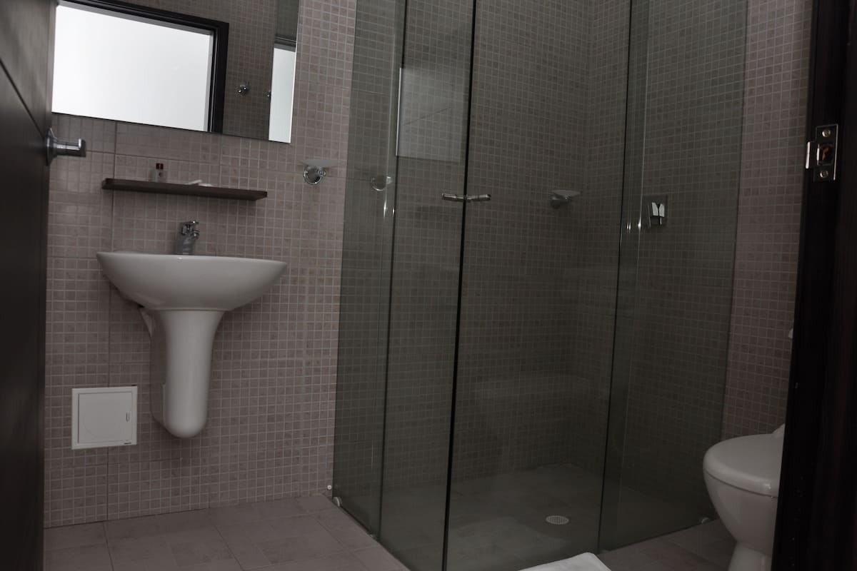 shower, towels, soap, shampoo