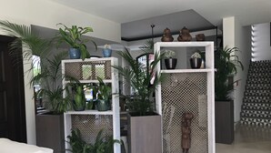 A modern living room with a sectional sofa, a coffee table, and a decorative wooden statue. There are multiple potted plants and a white shelving unit with decorative items. - Hotel Gran Balcón (Granada)