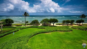 A golf course with a view of the ocean and palm trees.