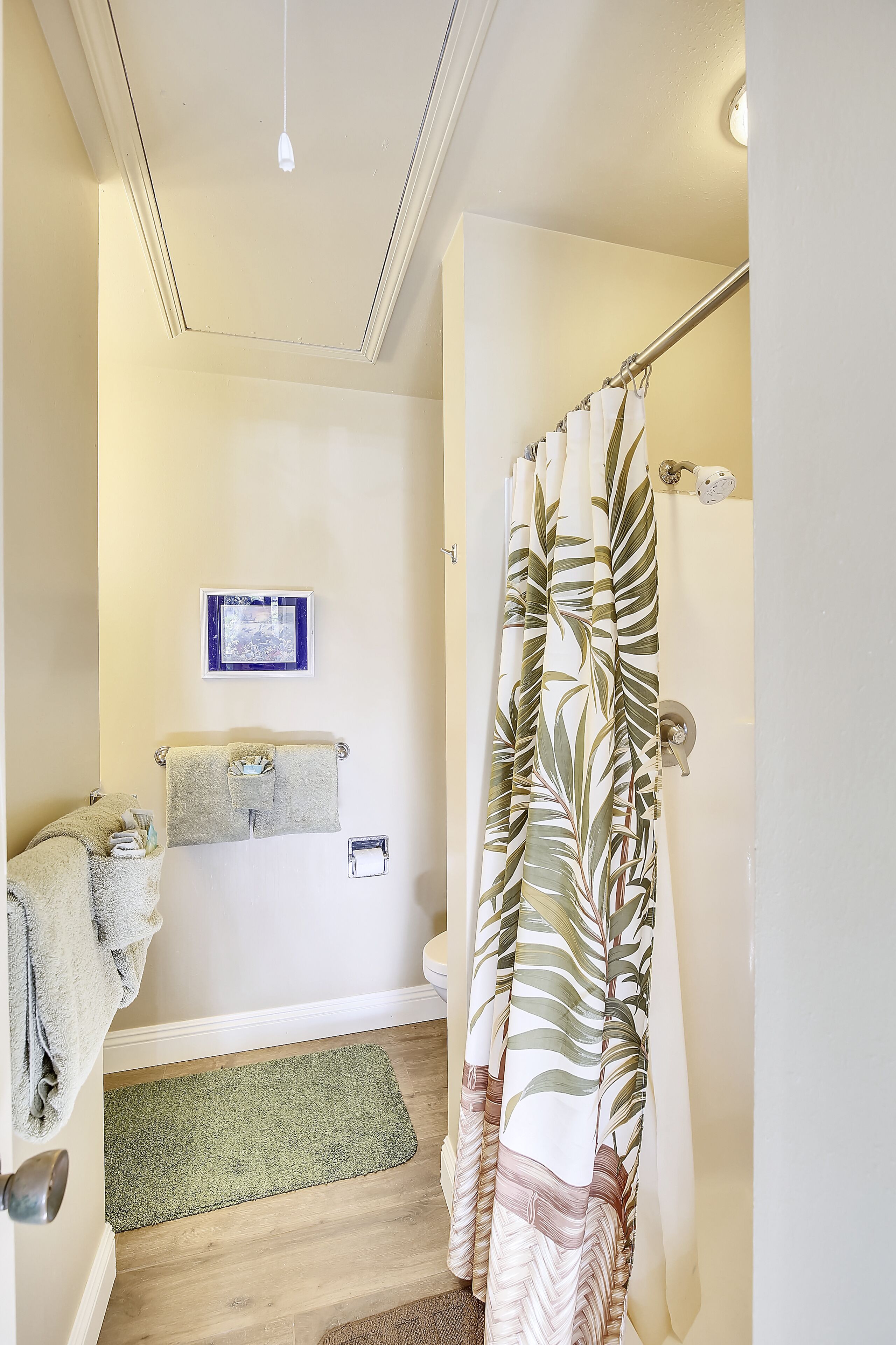 Combined shower/tub, hair dryer, towels