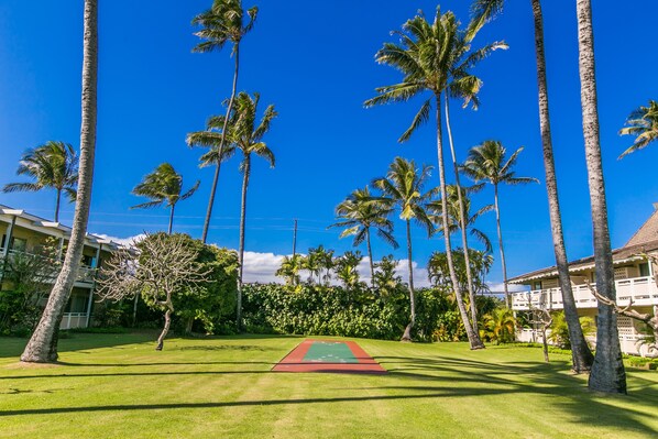 A well-maintained golf course with a red and green playing area, surrounded by tall palm trees and a clear blue sky.