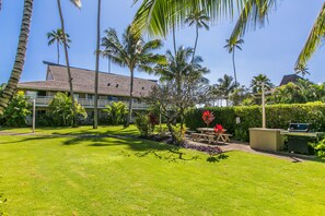 A well-maintained lawn with a picnic table and grill area, surrounded by palm trees and a building with a tiled roof.