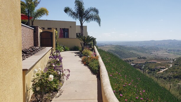 A pathway with a view of a valley, a building with a red umbrella, and a palm tree. - Large Custom Guest House On Hill Top Estate In Bonsall (Bonsall)