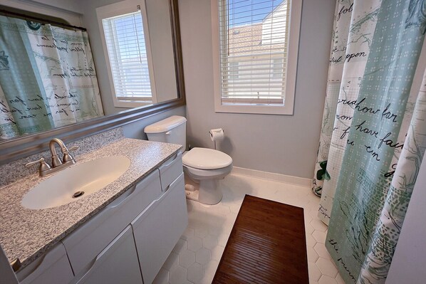 Une salle de bain avec un lavabo, des toilettes et un rideau de douche.