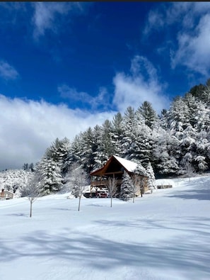 Eine schneebedeckte Lodge mit Holzbauweise und einem Balkon, umgeben von schneebedeckten Bäumen und blauem Himmel.