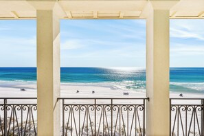 On the beach, sun-loungers, beach towels