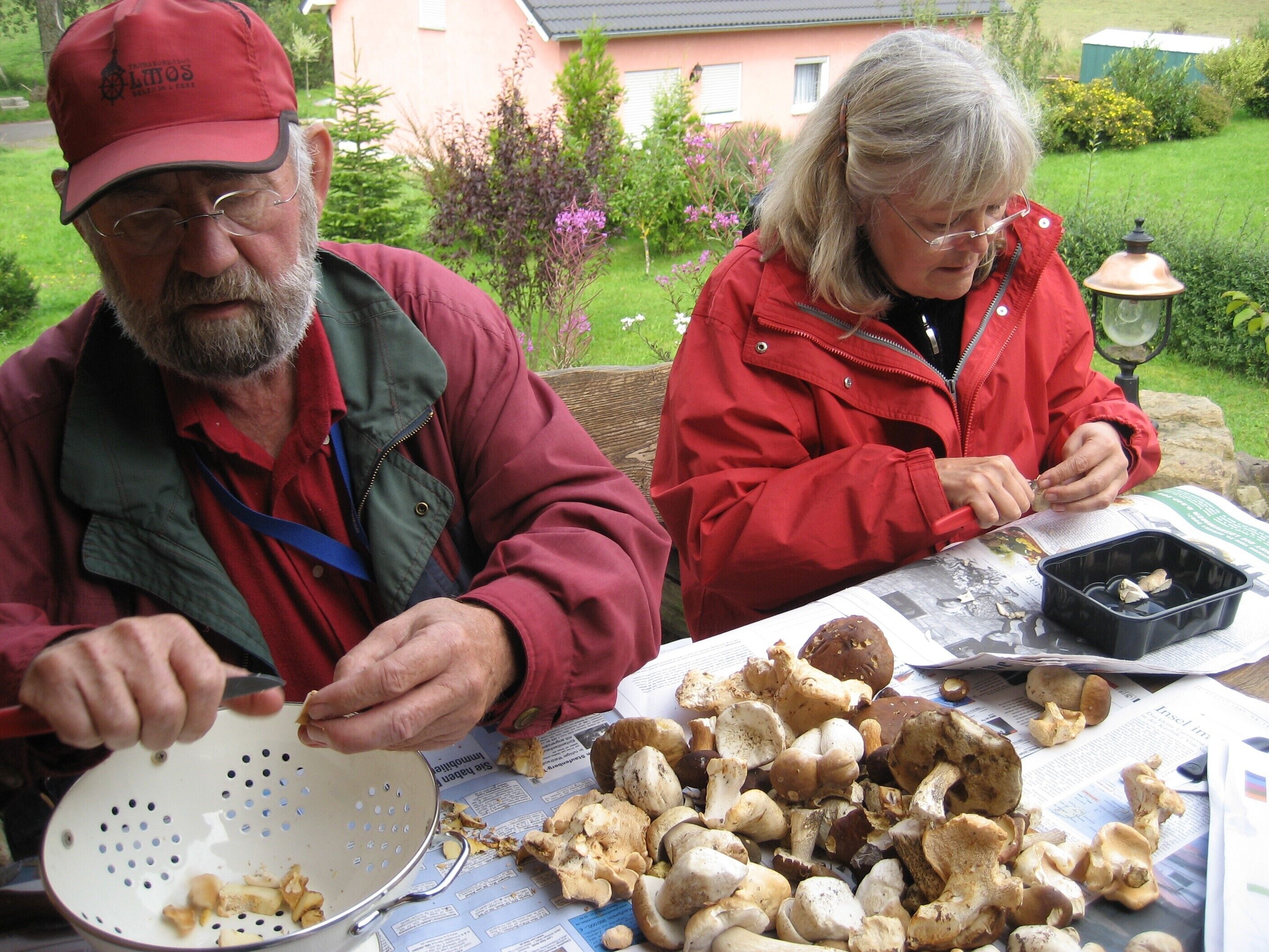 Two people sitting at a table with mushrooms and a colander.