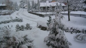 A snowy residential area with a house, a fenced yard, and snow-covered trees.