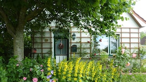 A traditional house with a garden in front, featuring a variety of flowers and a large tree. - Garden idyll at the Wadden Sea National Park (Wesselburen)