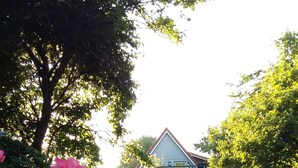 A garden with pink roses and a house in the background. - Garden idyll at the Wadden Sea National Park (Wesselburen)
