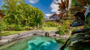 A clear pool surrounded by lush tropical vegetation and a wooden house.