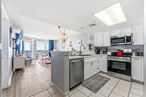 Fridge, microwave, coffee/tea maker, toaster