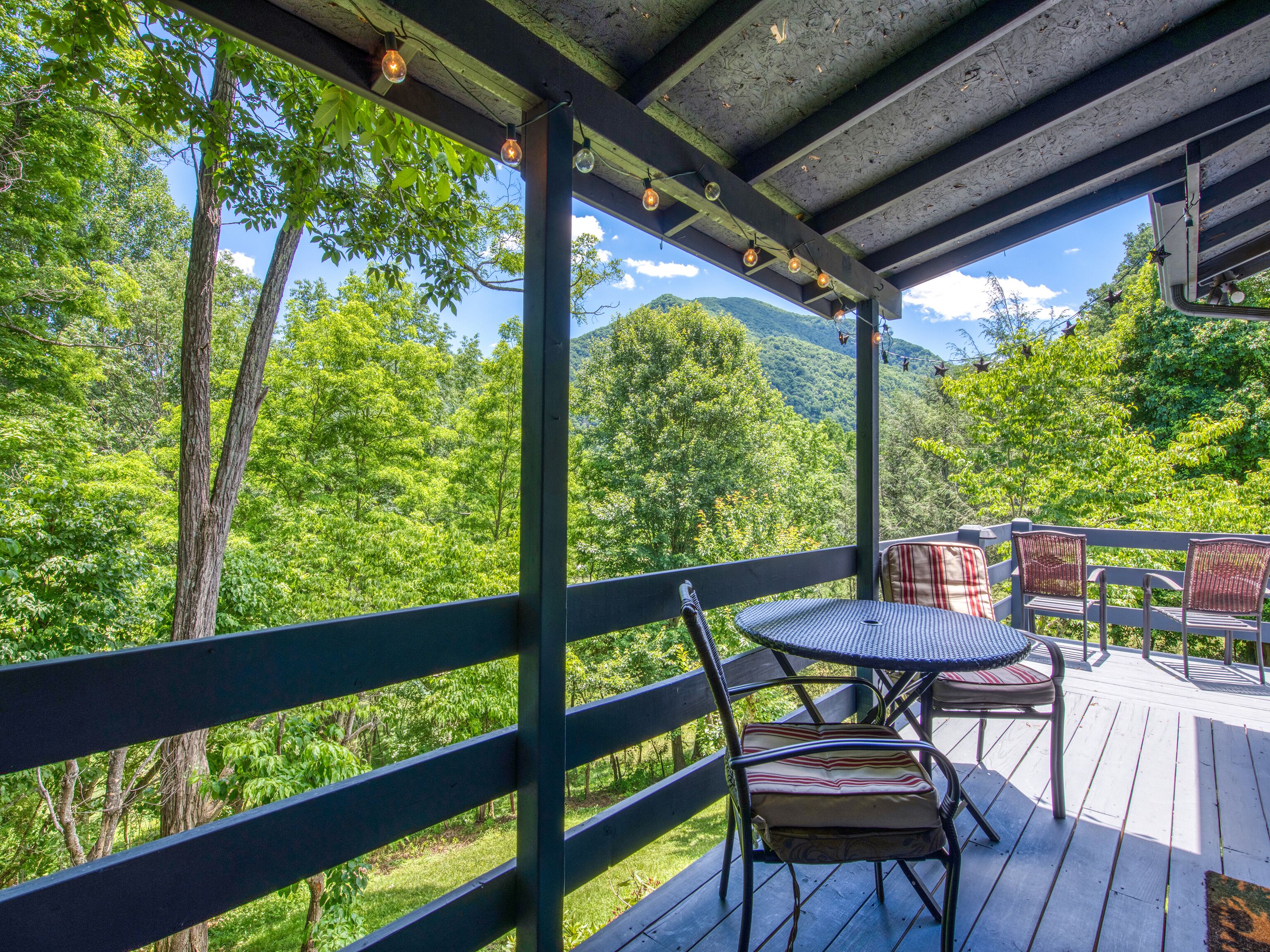 A covered outdoor deck with a table and chairs, overlooking a lush green forest.