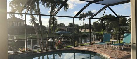 Zona de piscina con vistas despejadas del paisaje circundante, incluyendo palmeras y una casa.
