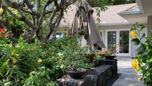 A garden with potted plants and a stone pathway leading to a building.