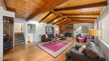 TV connectée, cheminée, lecteur de DVD, livres