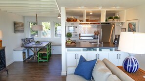 TV, fireplace, books