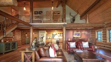 Smart TV, fireplace, books, stereo