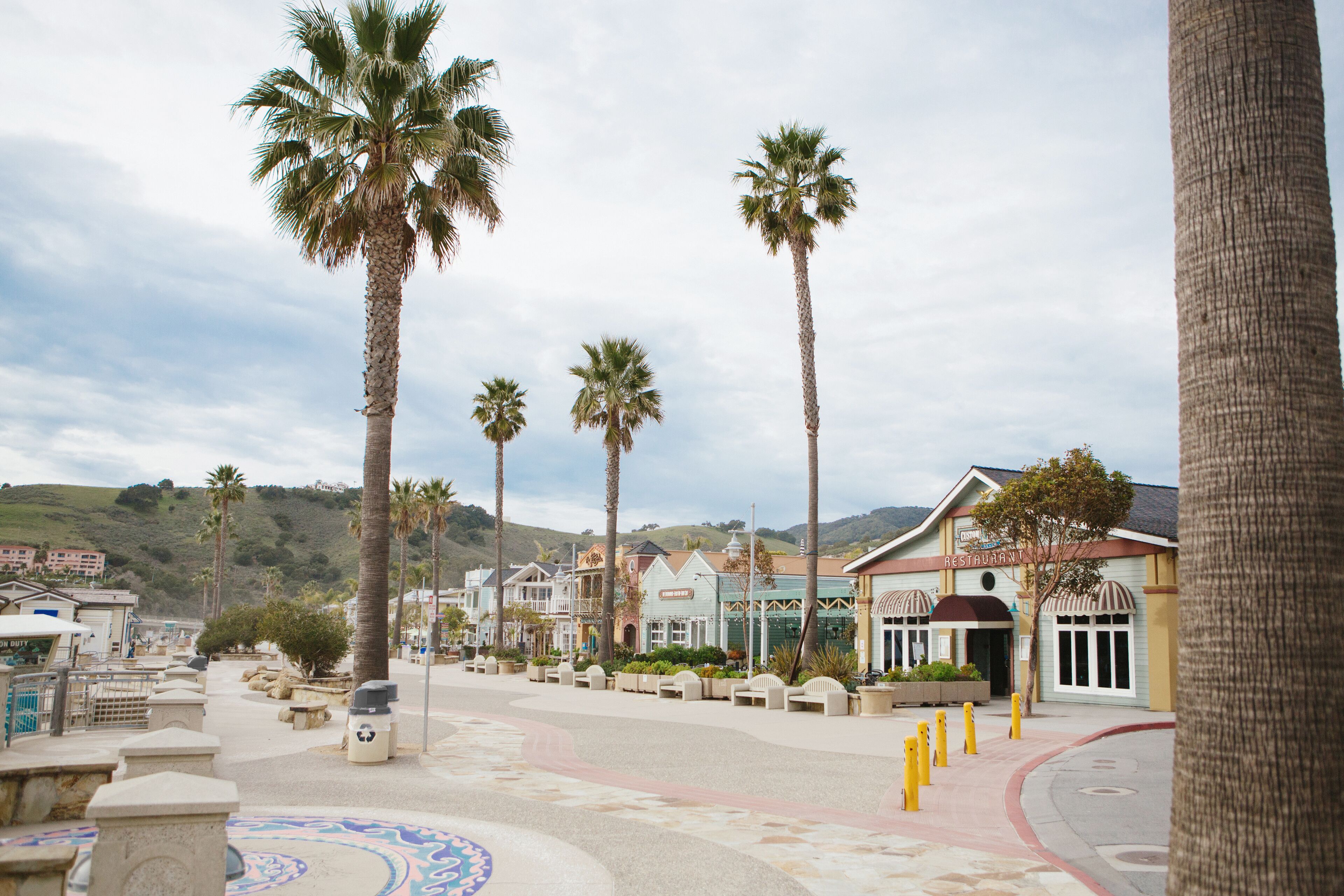 A coastal town with palm trees, a waterfront promenade, and a restaurant building.