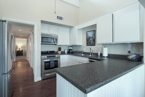 Fridge, microwave, dishwasher, coffee/tea maker