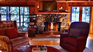 Smart TV, fireplace, DVD player, books