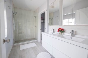 Combined shower/tub, hair dryer, towels