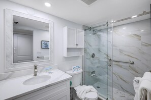 Shower, hair dryer, towels