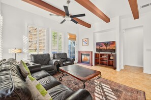TV, fireplace, offices