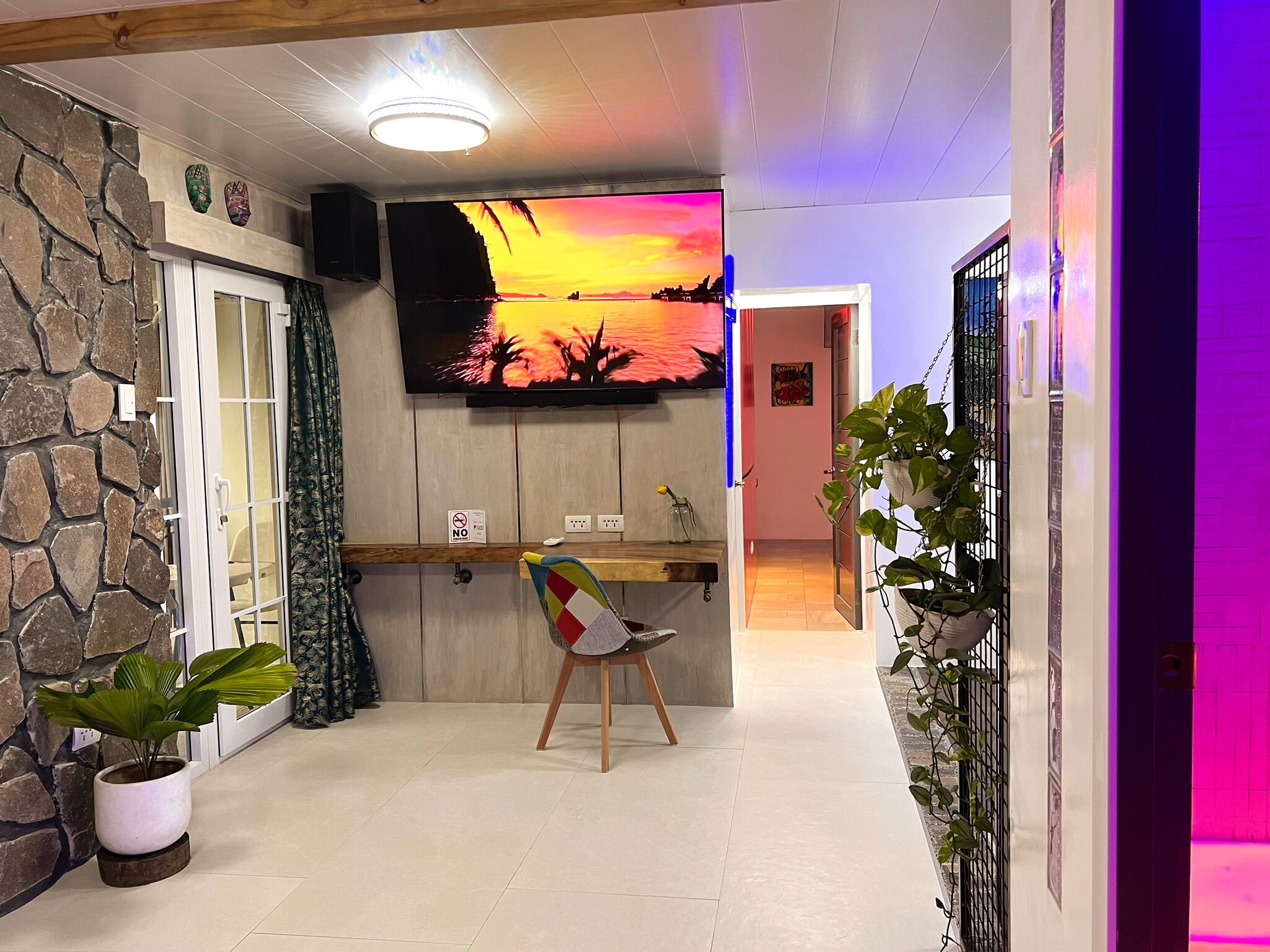 A room with a stone wall, a wooden door, a TV displaying a sunset, a chair, and a plant.
