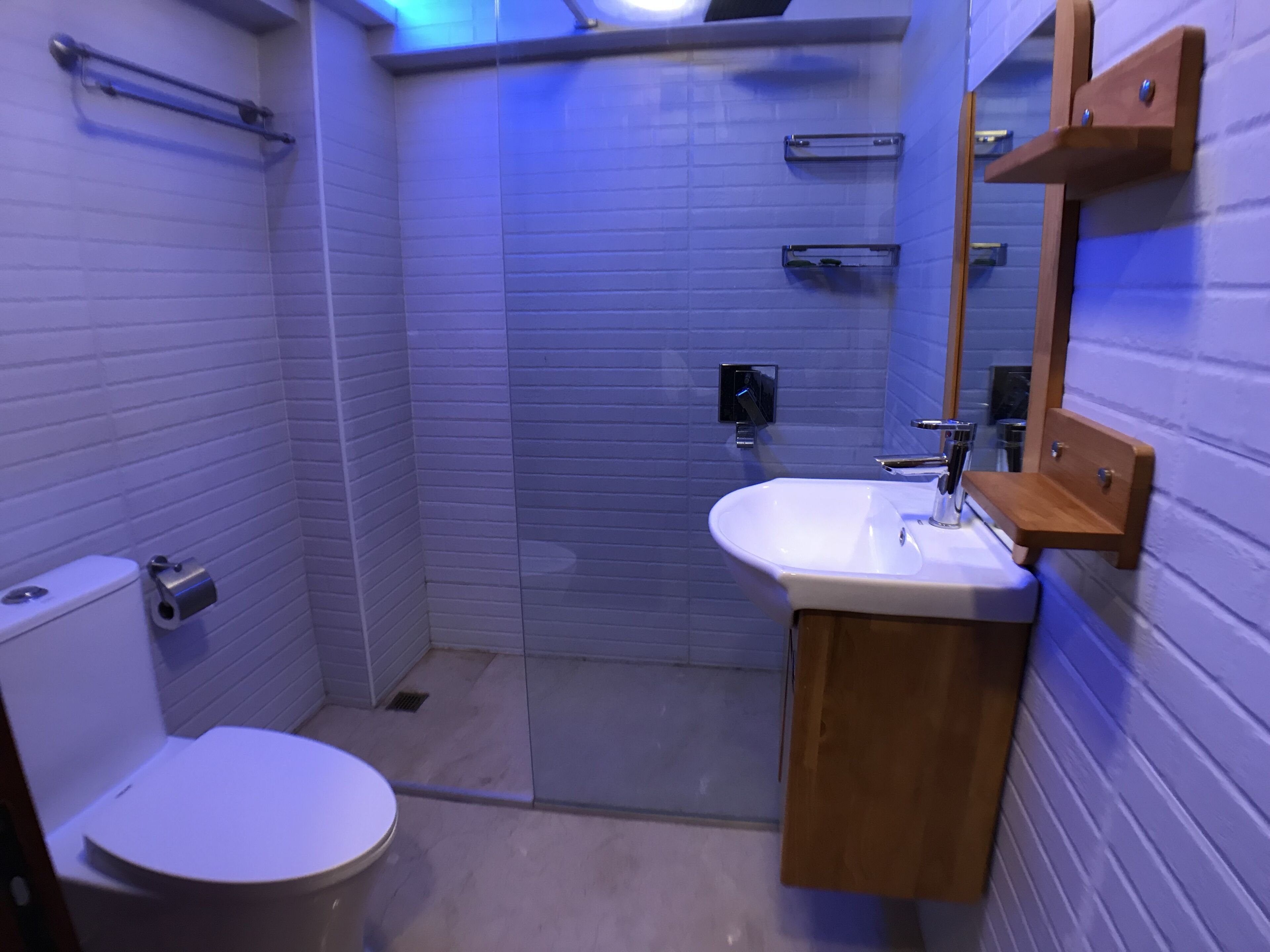 A bathroom with a toilet, a sink, and a shower area.