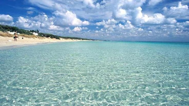 A beach with clear turquoise water and a sandy shore.