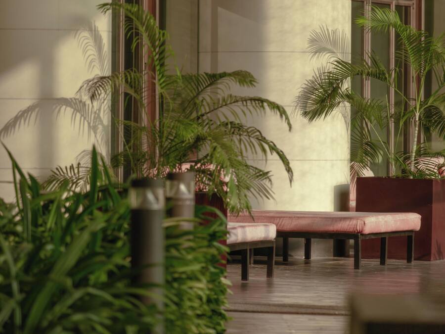 Un intérieur moderne avec un banc et des plantes en pot, de grandes fenêtres et un sol carrelé.