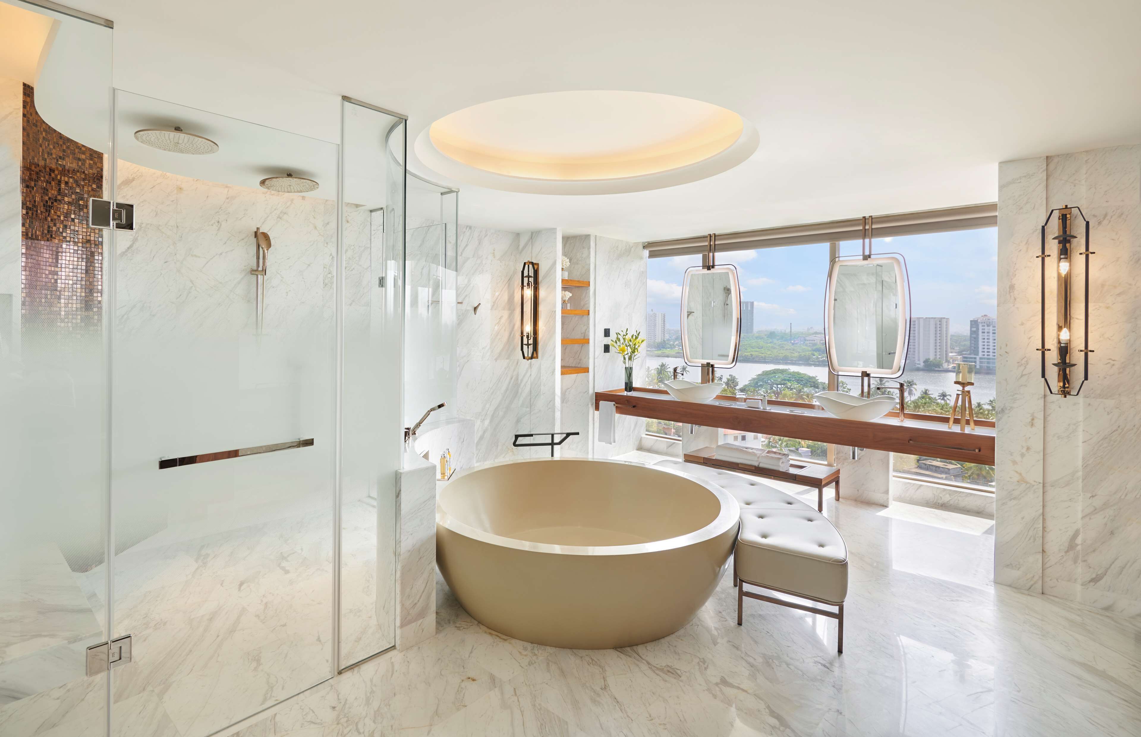 designer toiletries, hair dryer, bathrobes, slippers