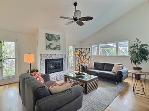 TV, fireplace, music library