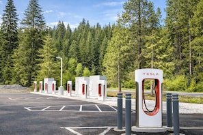 Una estació de càrrega Tesla en una zona boscosa, amb diverses unitats de càrrega i un cel serè.